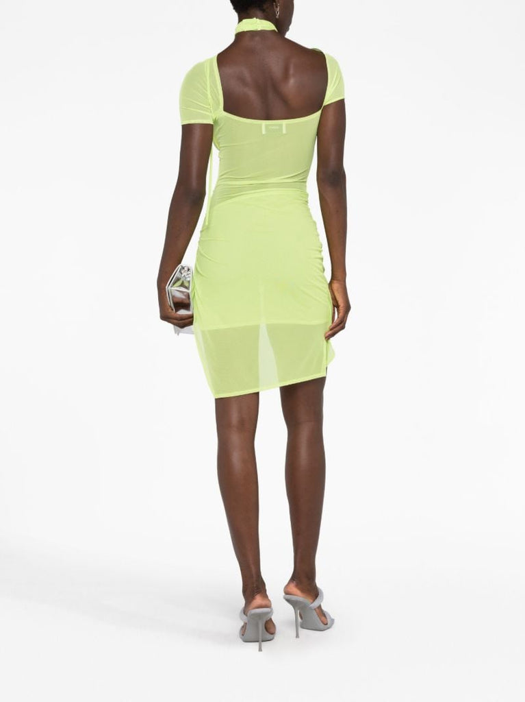 Green Asymmetric Mesh Mini Dress