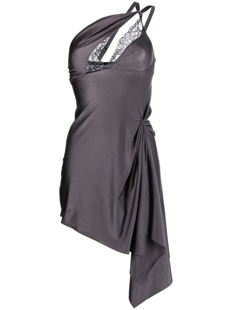 Grey Lace-trim Asymmetric Mini Dress