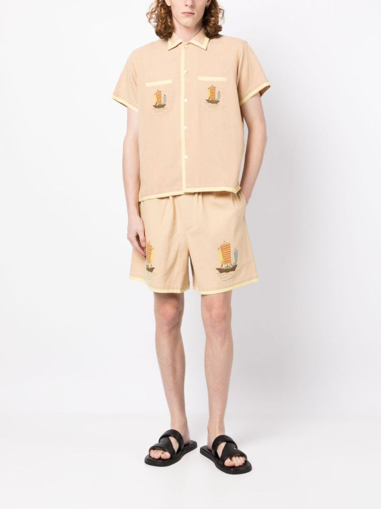 Neutral Ship Print Cotton Shorts