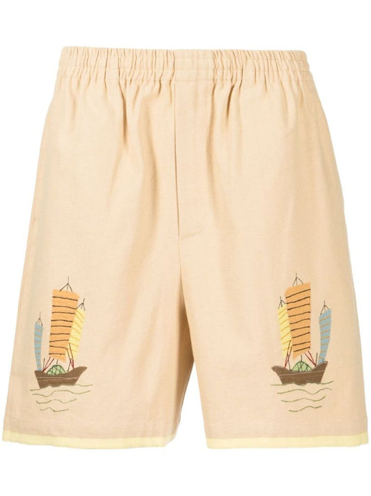 Neutral Ship Print Cotton Shorts