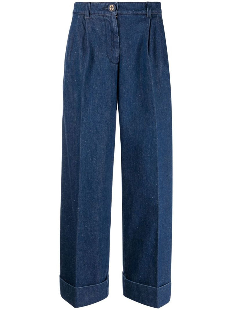 Blue Pleated Wide-leg Jeans
