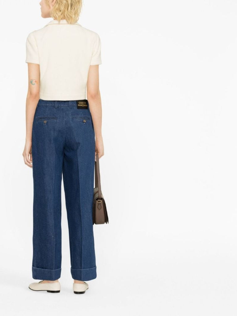 Blue Pleated Wide-leg Jeans