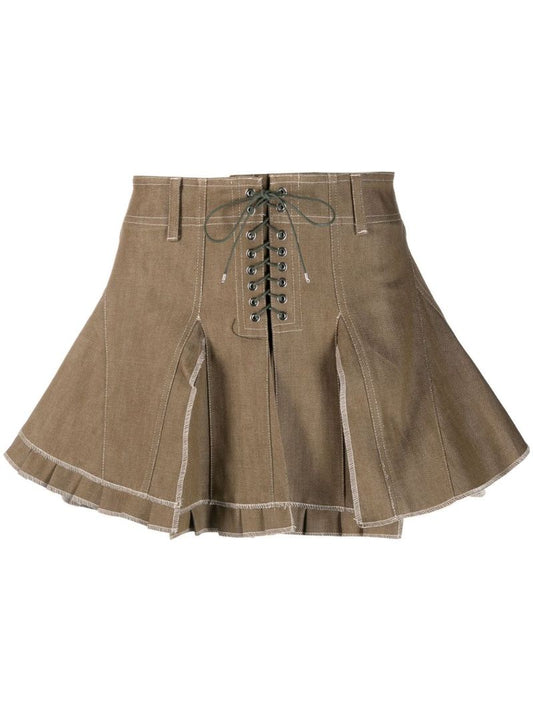 Green Pleated Cotton Mini Skirt