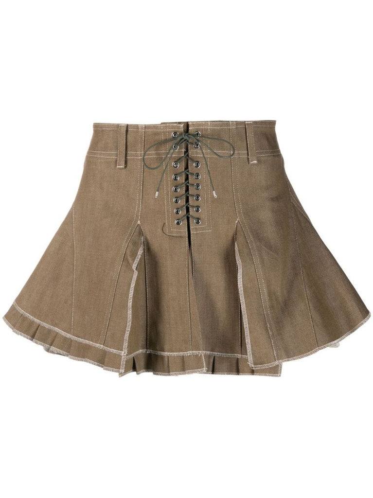 Green Pleated Cotton Mini Skirt