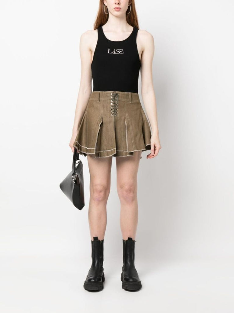 Green Pleated Cotton Mini Skirt
