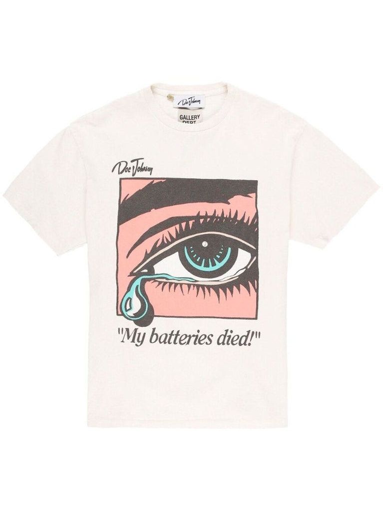 White Dead Batteries Printed Cotton T-shirt