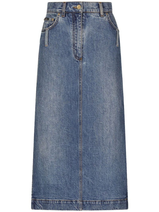 Blue High-rise Denim Midi Skirt