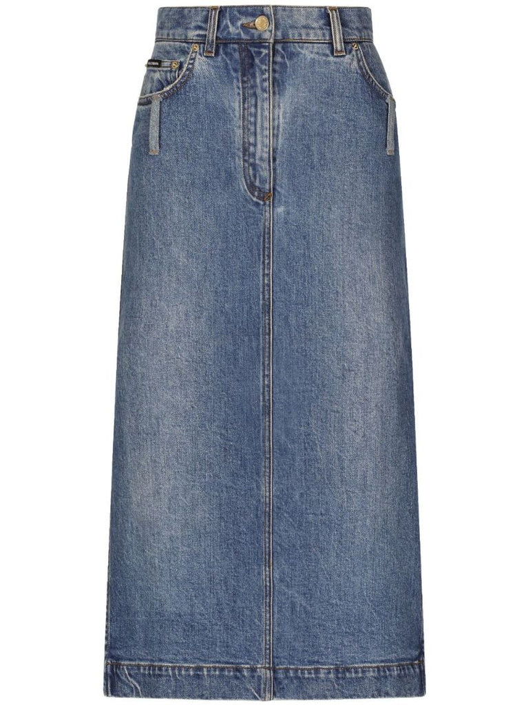 Blue High-rise Denim Midi Skirt