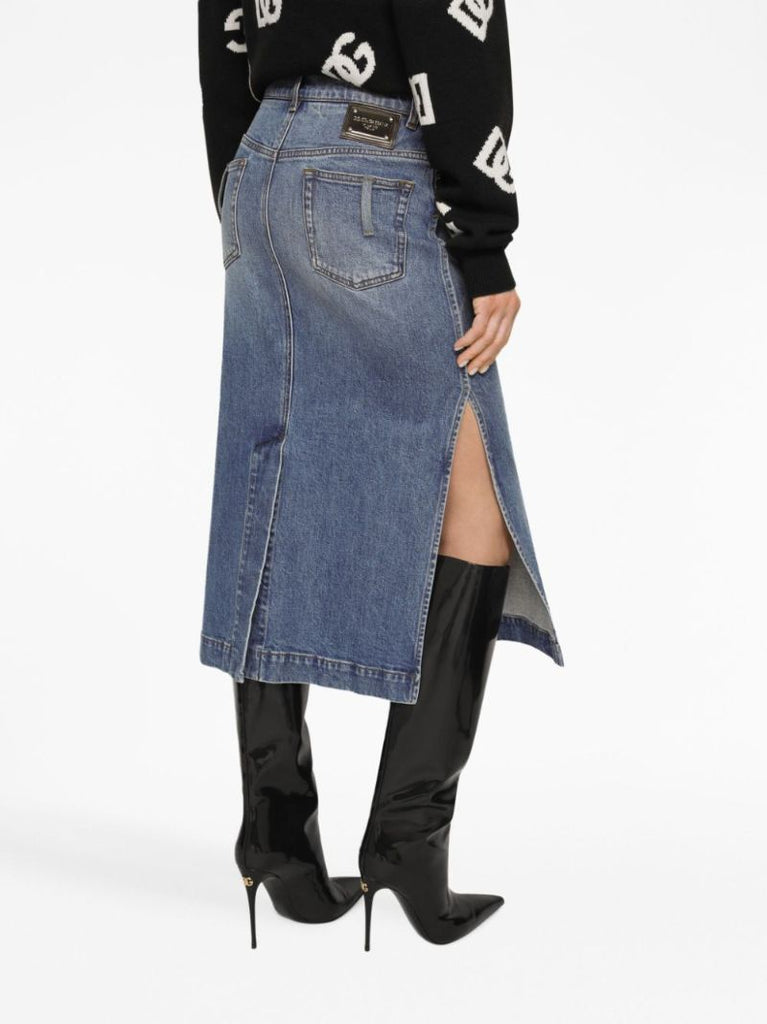 Blue High-rise Denim Midi Skirt