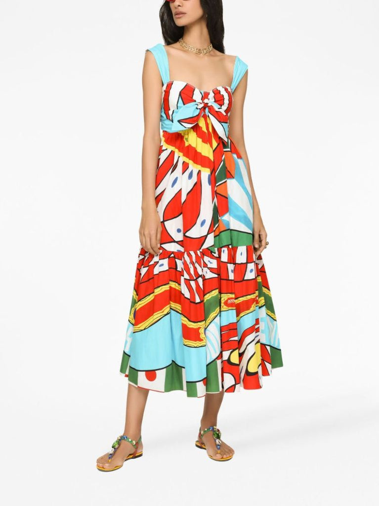 Blue Graphic-print Tiered Dress