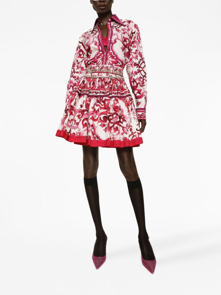 Red Cotton Majolica Print Pleated Skirt