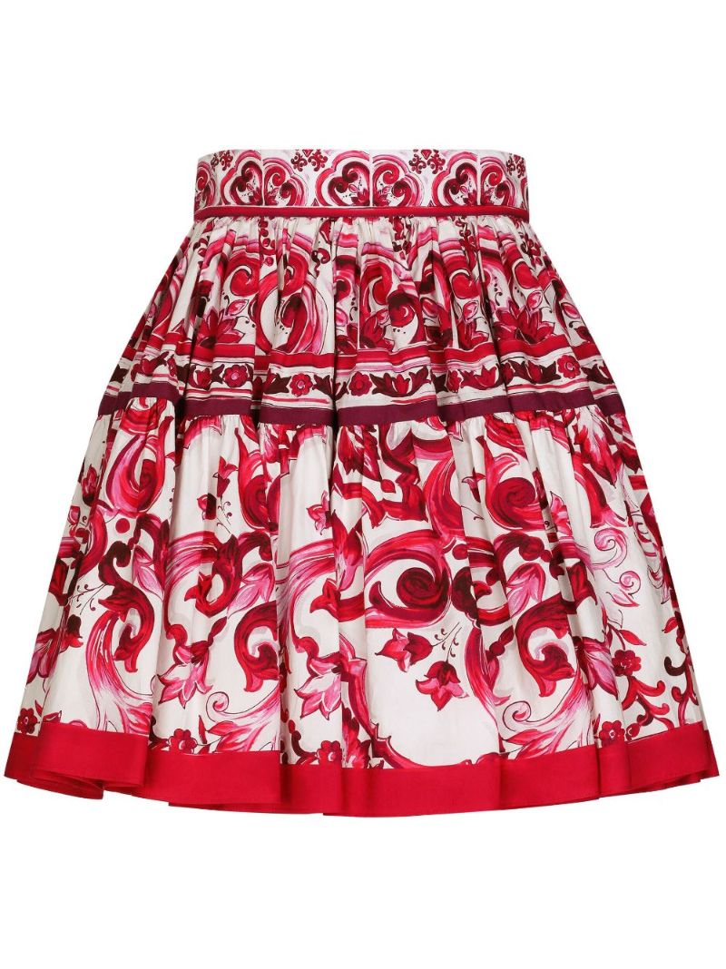 Red Cotton Majolica Print Pleated Skirt