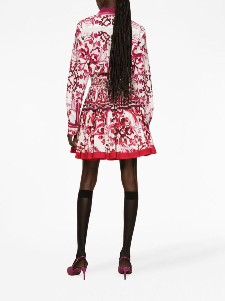 Red Cotton Majolica Print Pleated Skirt