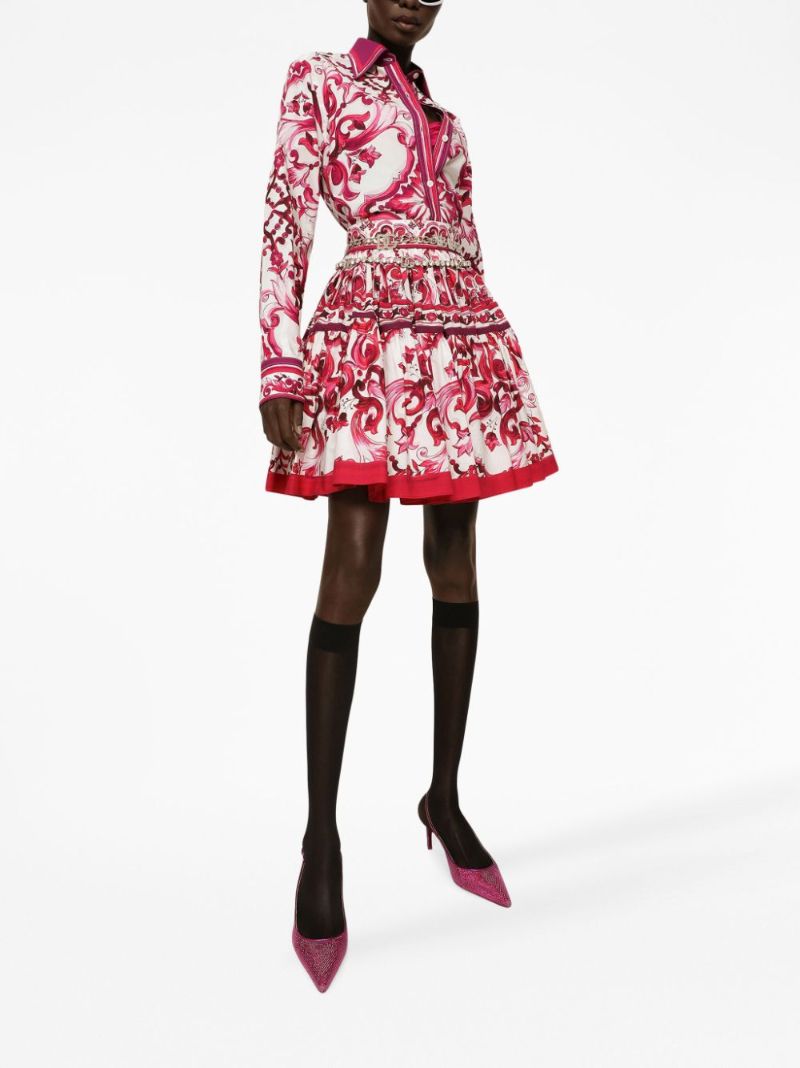 Red Cotton Majolica Print Pleated Skirt