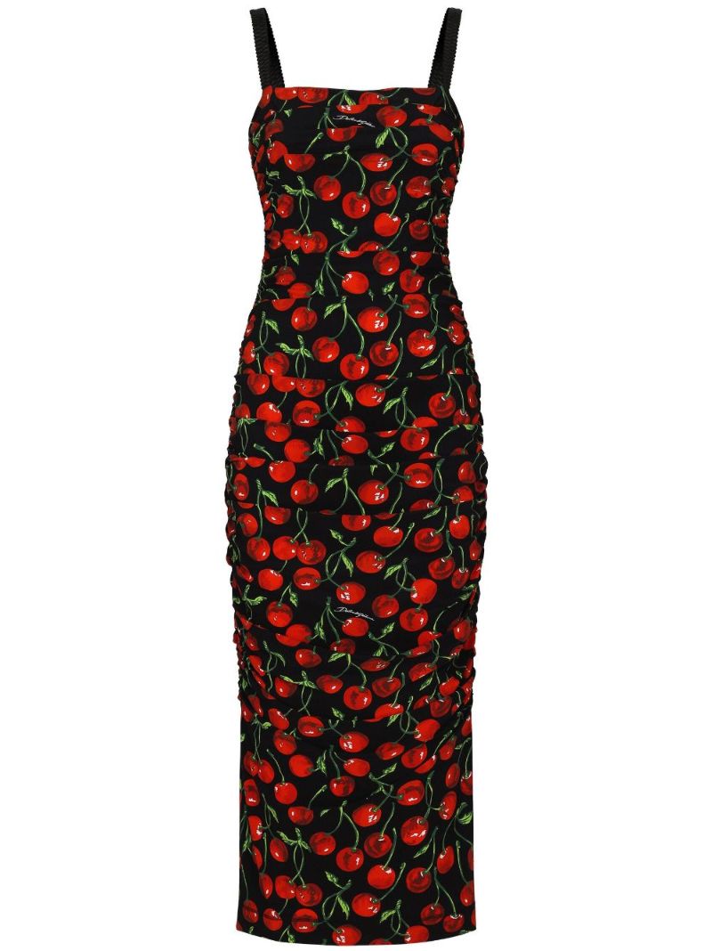Black Cherry Print Fitted Midi Dress