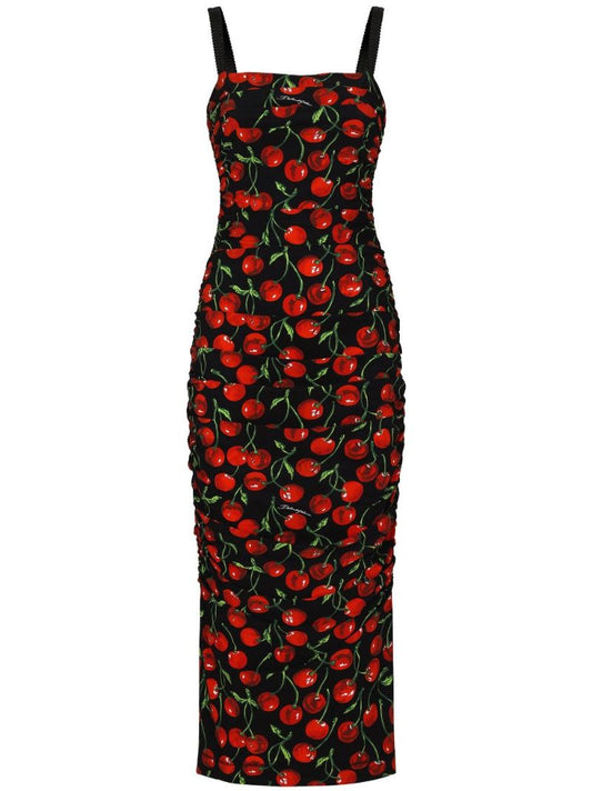 Black Cherry Print Fitted Midi Dress
