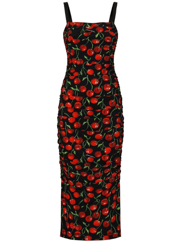 Black Cherry Print Fitted Midi Dress
