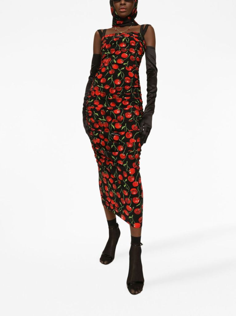 Black Cherry Print Fitted Midi Dress
