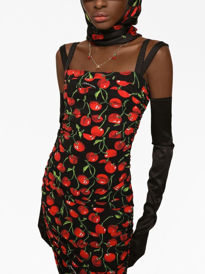 Black Cherry Print Fitted Midi Dress
