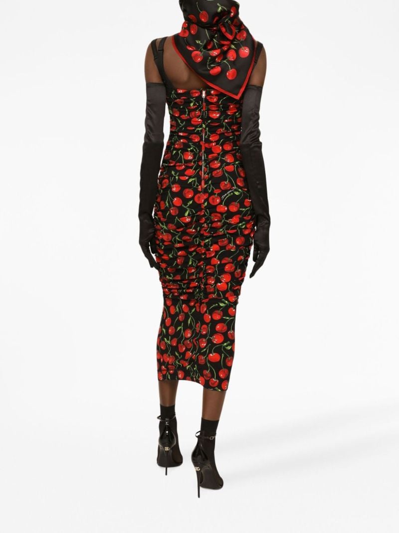 Black Cherry Print Fitted Midi Dress