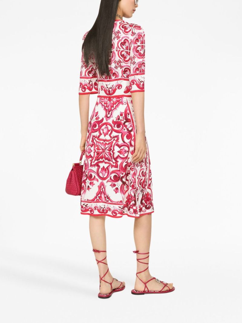 Red Majolica Print Charmeuse Midi Dress