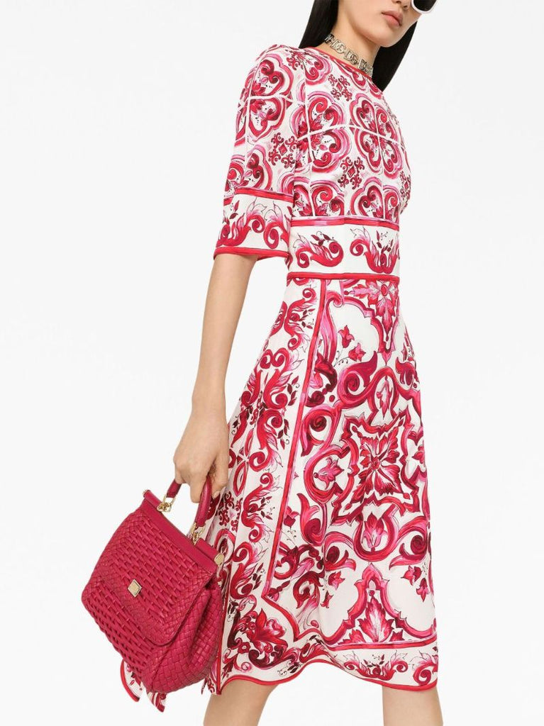 Red Majolica Print Charmeuse Midi Dress