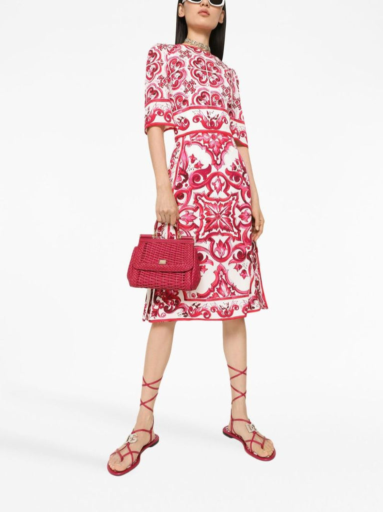 Red Majolica Print Charmeuse Midi Dress