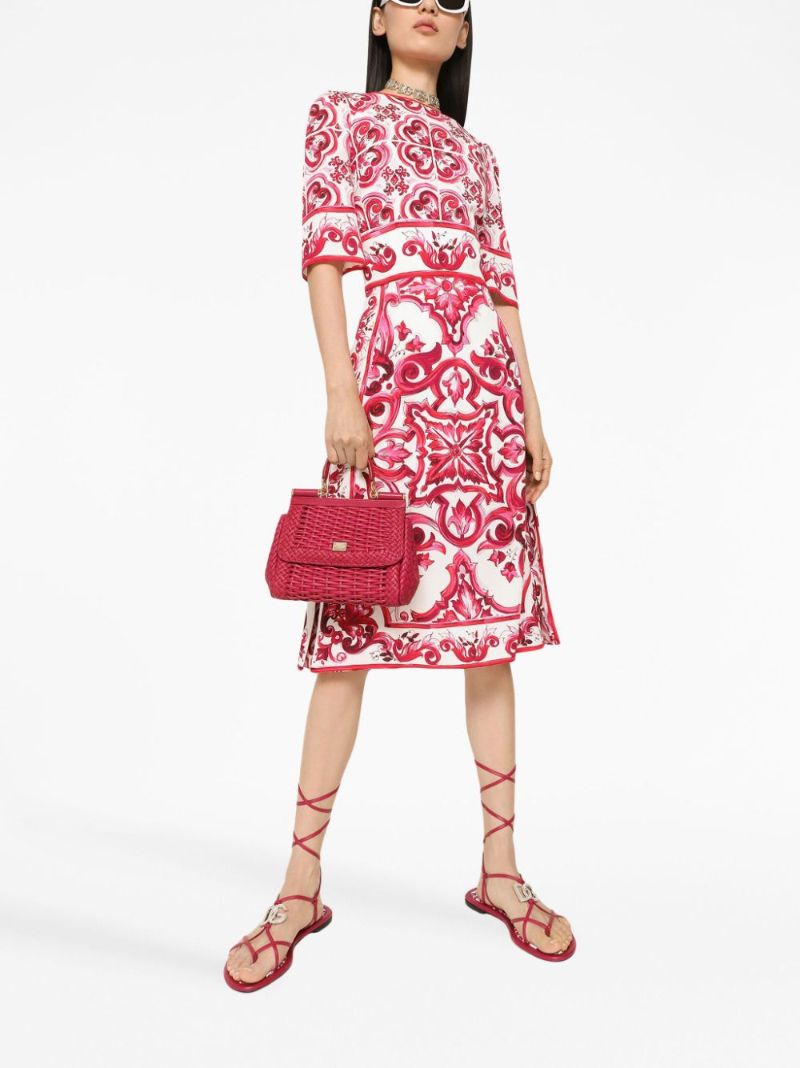Red Majolica Print Charmeuse Midi Dress