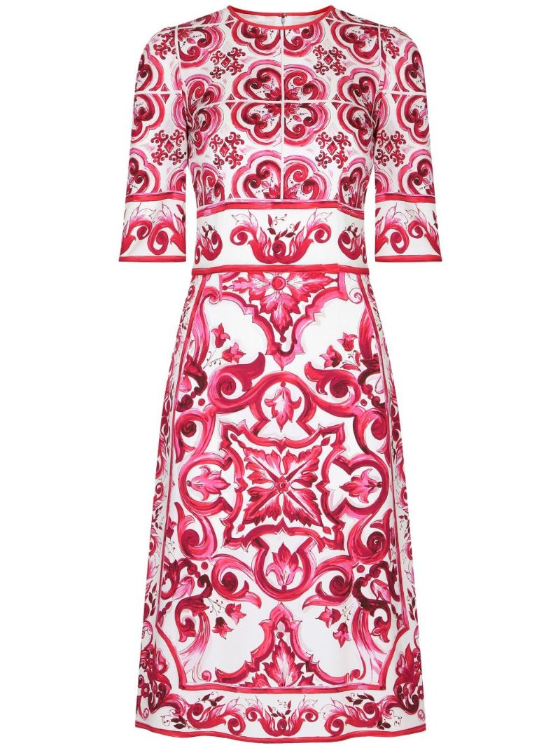 Red Majolica Print Charmeuse Midi Dress
