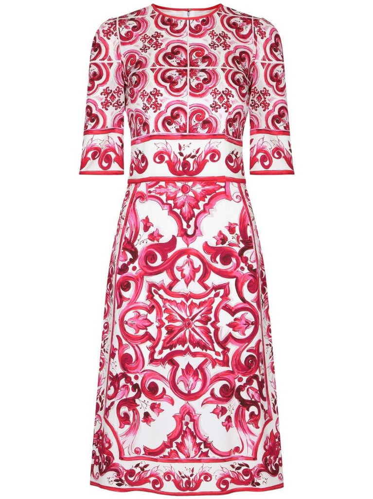 Red Majolica Print Charmeuse Midi Dress