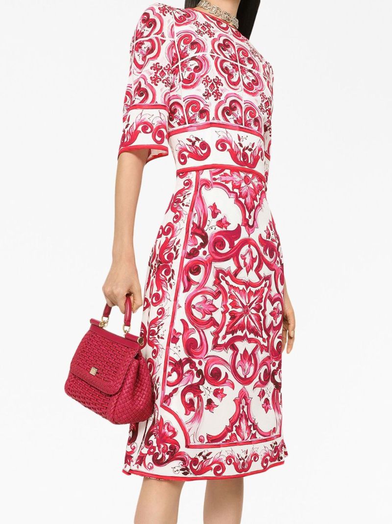 Red Majolica Print Charmeuse Midi Dress