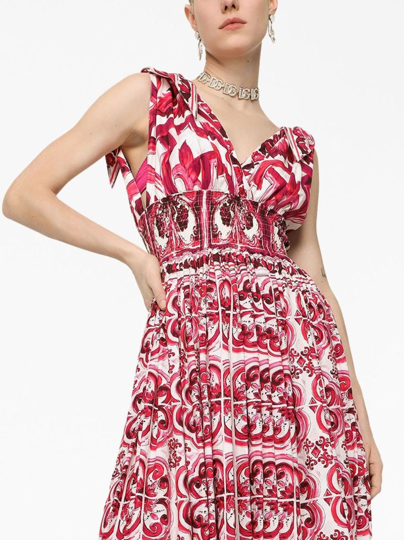 Red Majolica Print Flared Maxi Dress
