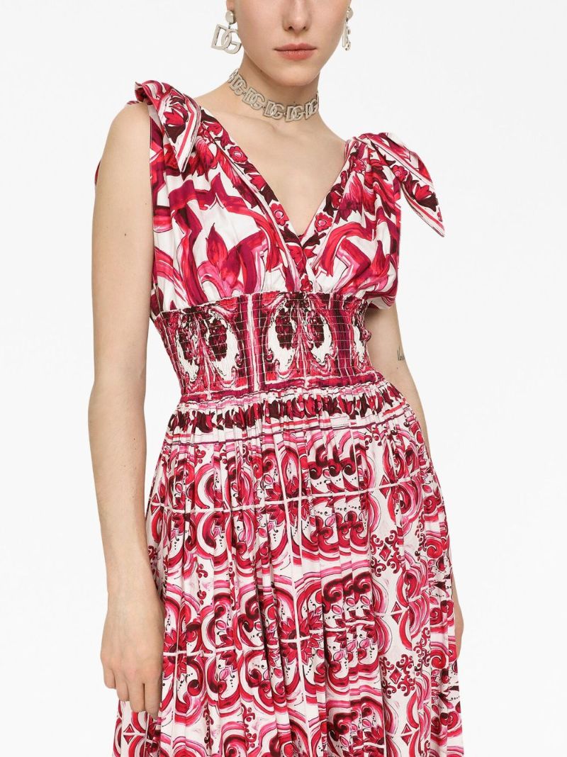 Red Majolica Print Flared Maxi Dress