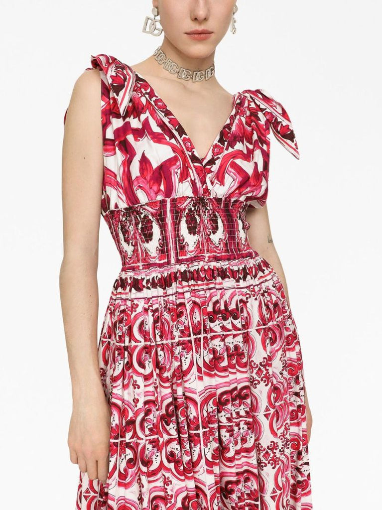 Red Majolica Print Flared Maxi Dress