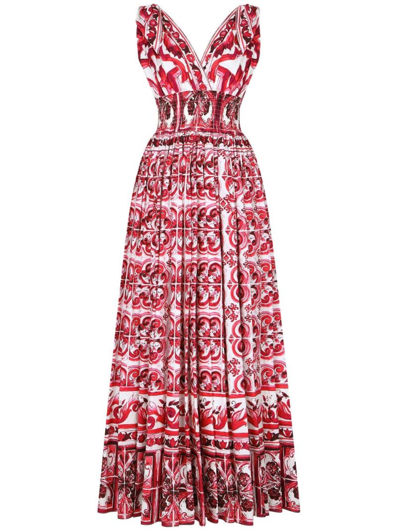 Red Majolica Print Flared Maxi Dress