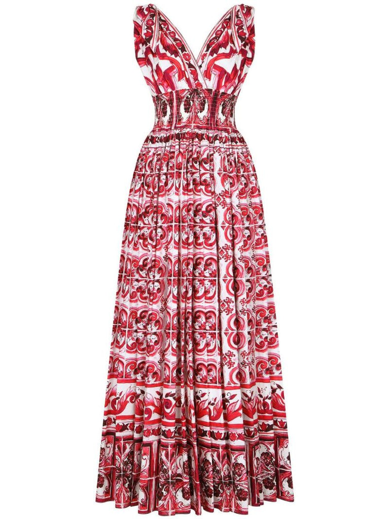 Red Majolica Print Flared Maxi Dress