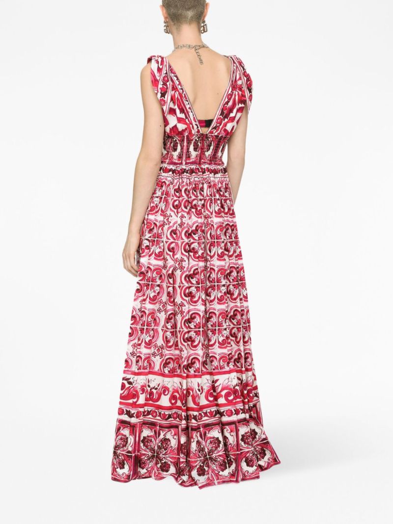 Red Majolica Print Flared Maxi Dress
