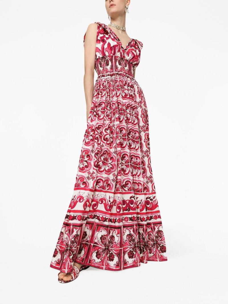 Red Majolica Print Flared Maxi Dress