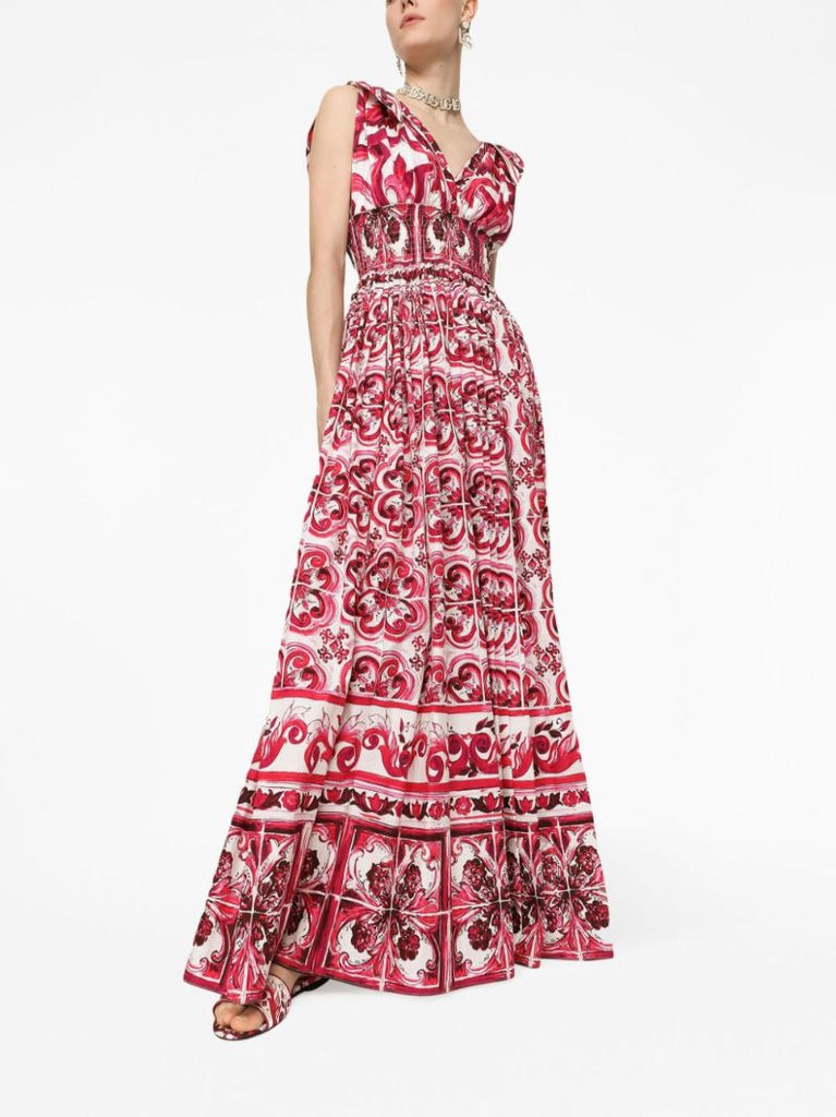 Red Majolica Print Flared Maxi Dress