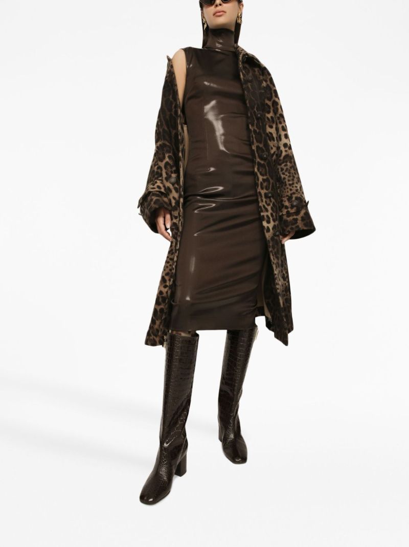 Brown High-neck Satin Midi Dress