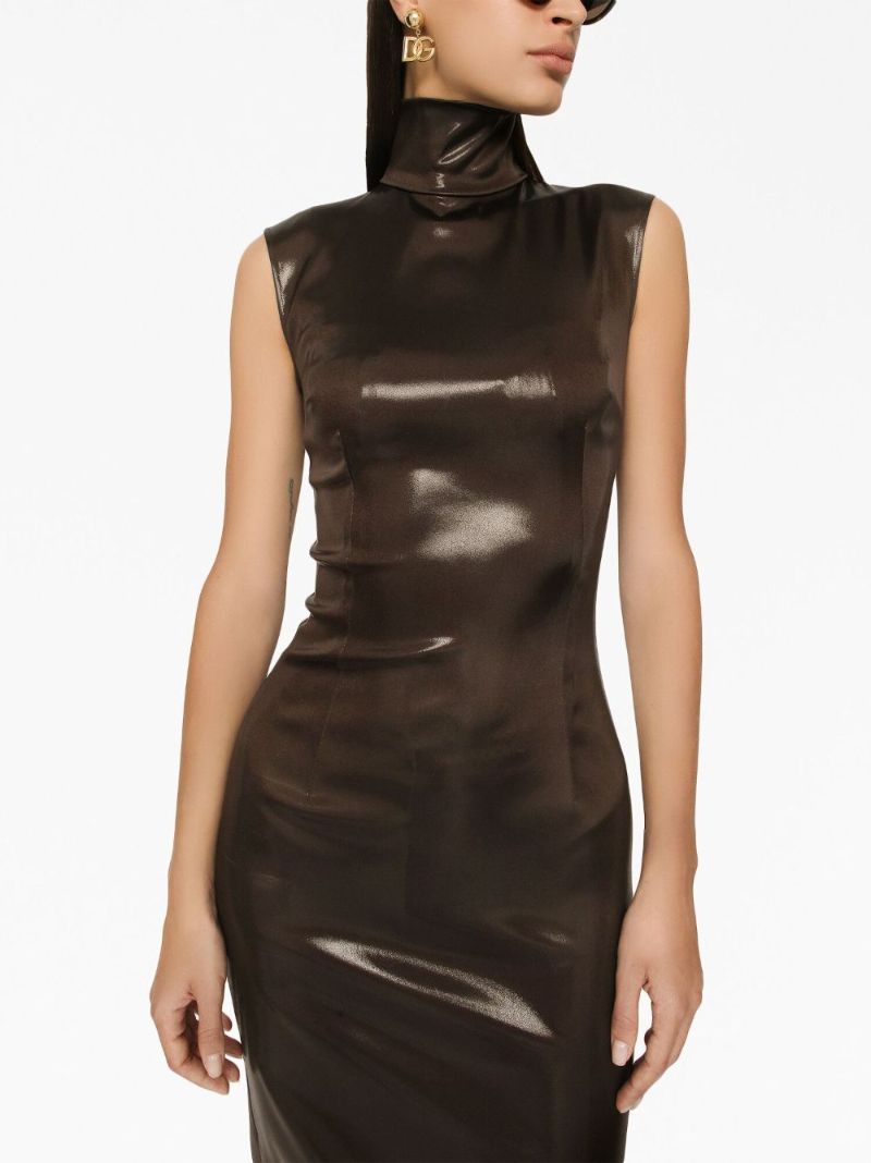 Brown High-neck Satin Midi Dress