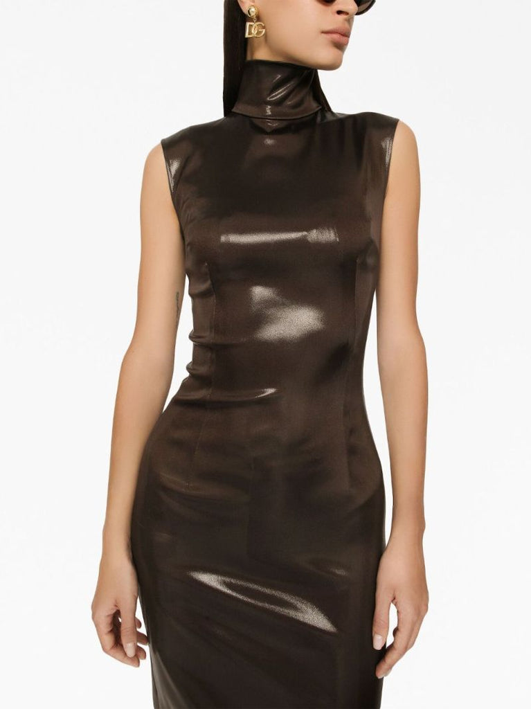 Brown High-neck Satin Midi Dress