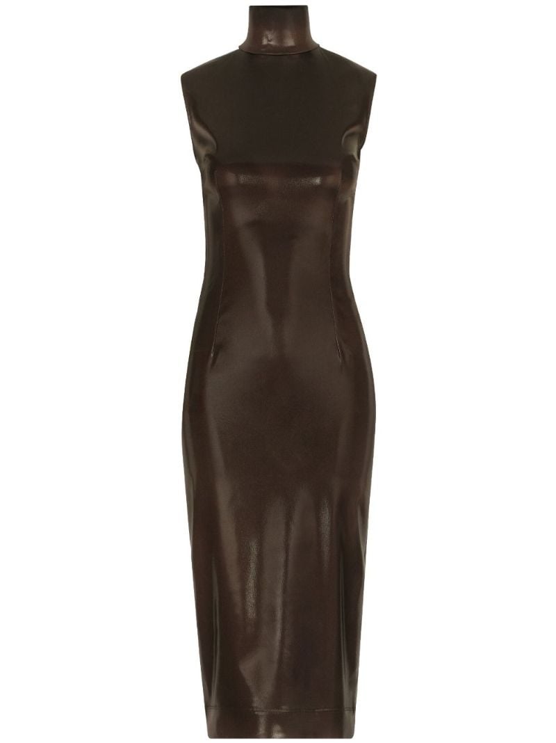 Brown High-neck Satin Midi Dress