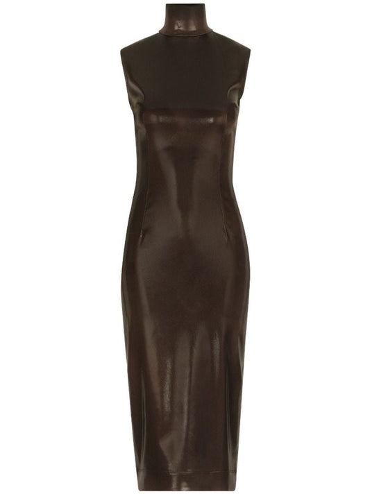 Brown High-neck Satin Midi Dress