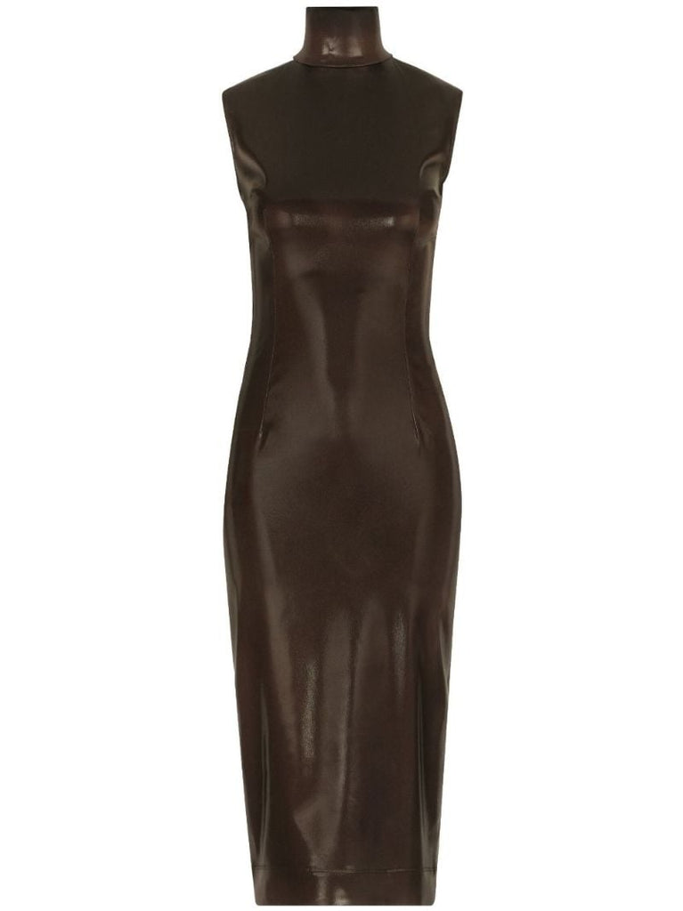Brown High-neck Satin Midi Dress