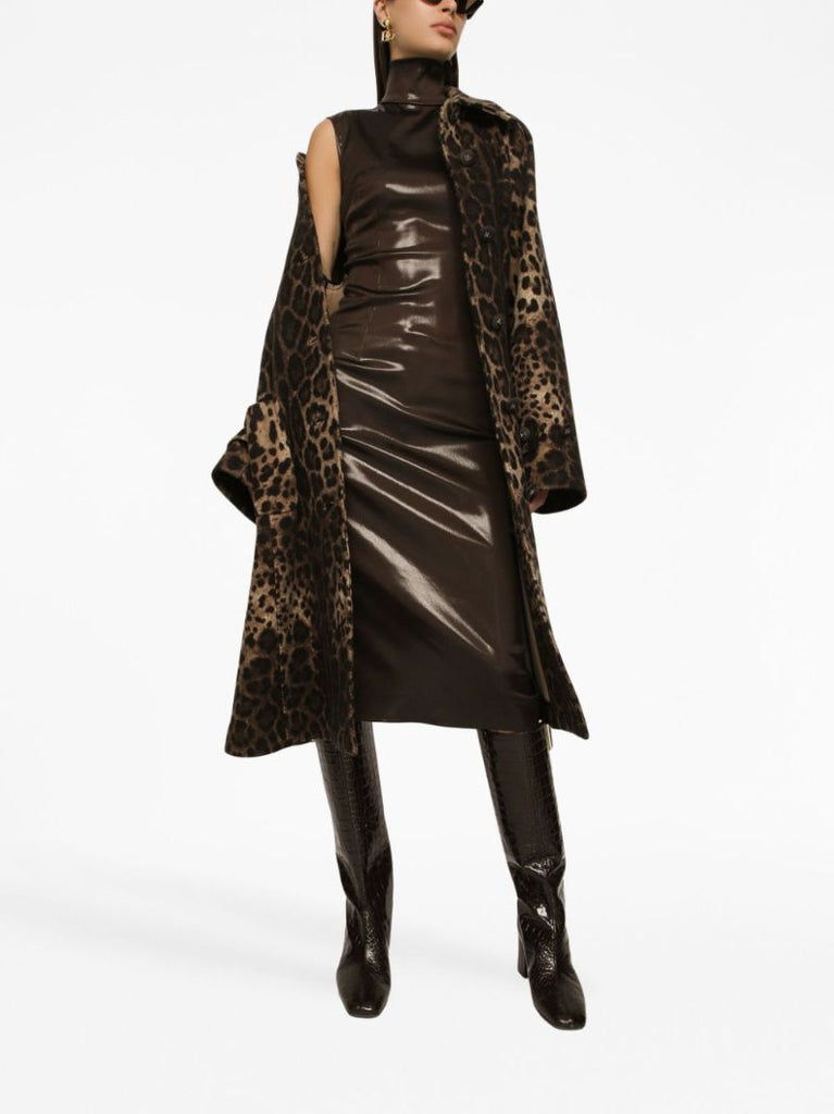 Brown High-neck Satin Midi Dress