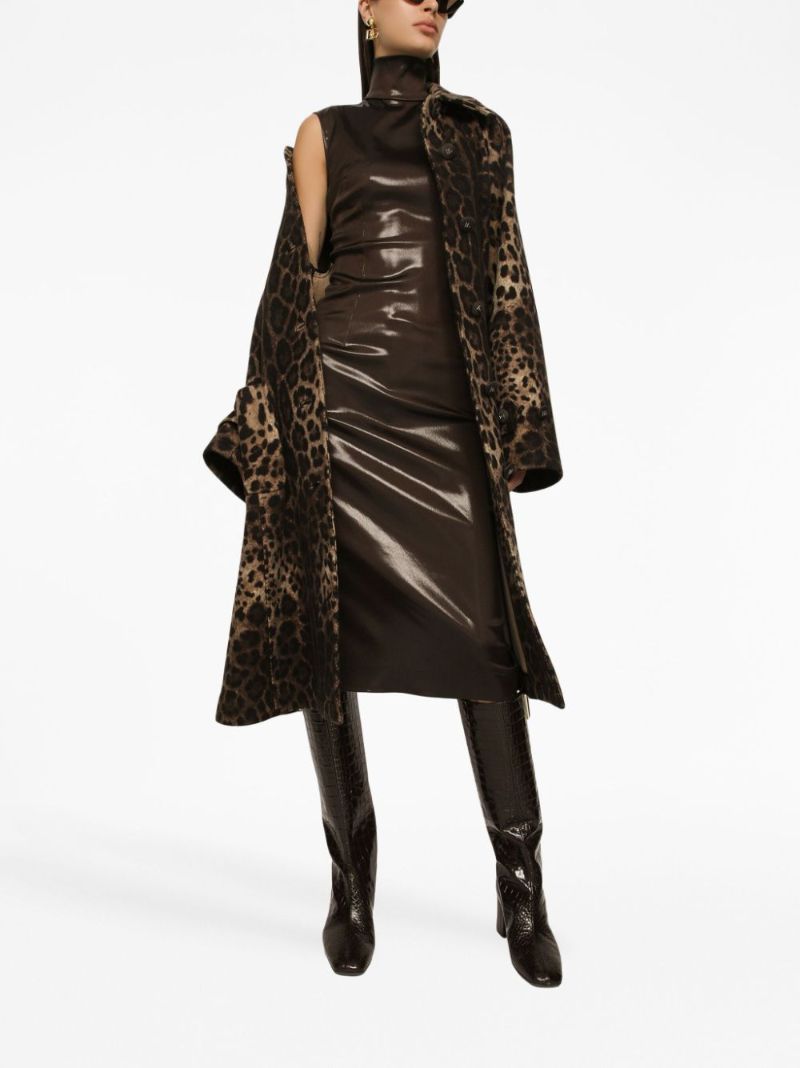 Brown High-neck Satin Midi Dress