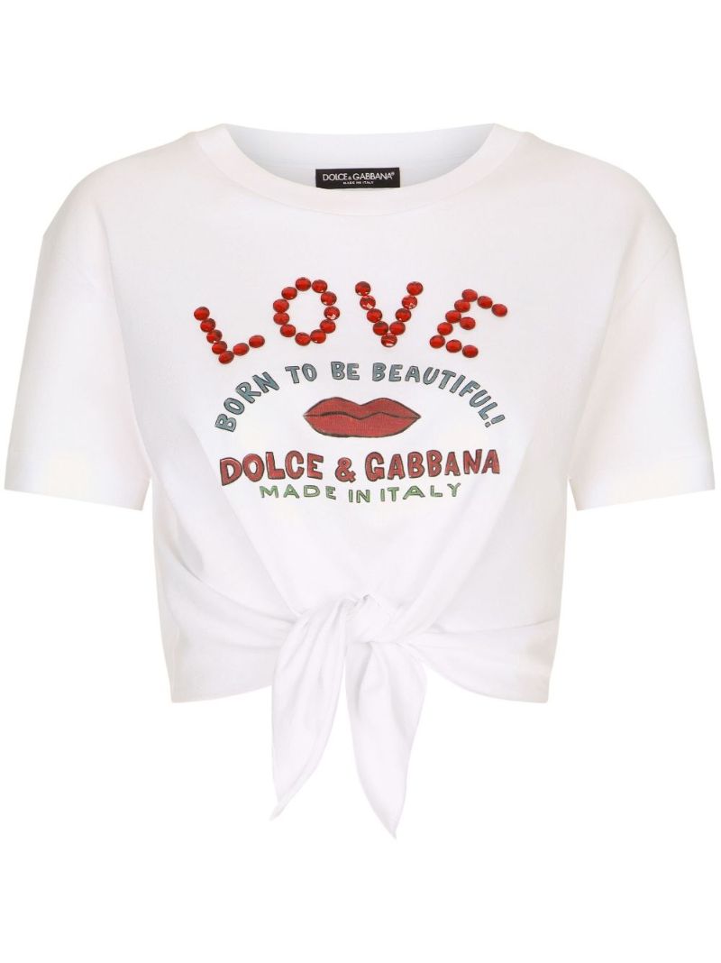 White Cotton Love Rhinestone Cropped T-shirt