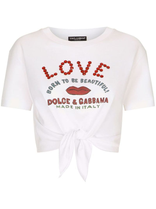 White Cotton Love Rhinestone Cropped T-shirt