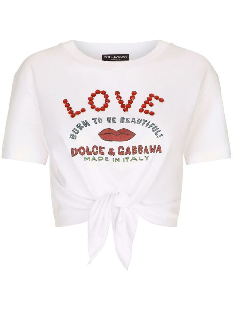 White Cotton Love Rhinestone Cropped T-shirt